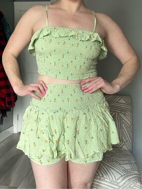 Hollister Light Green Floral Smocked Two-Piece Set